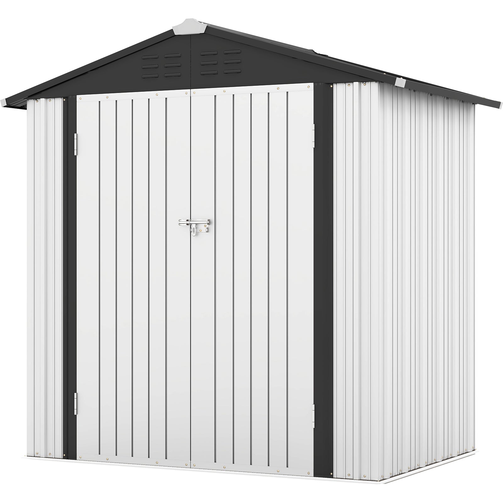 patiowell 6x4 White metal storage shed with black trim on a white background