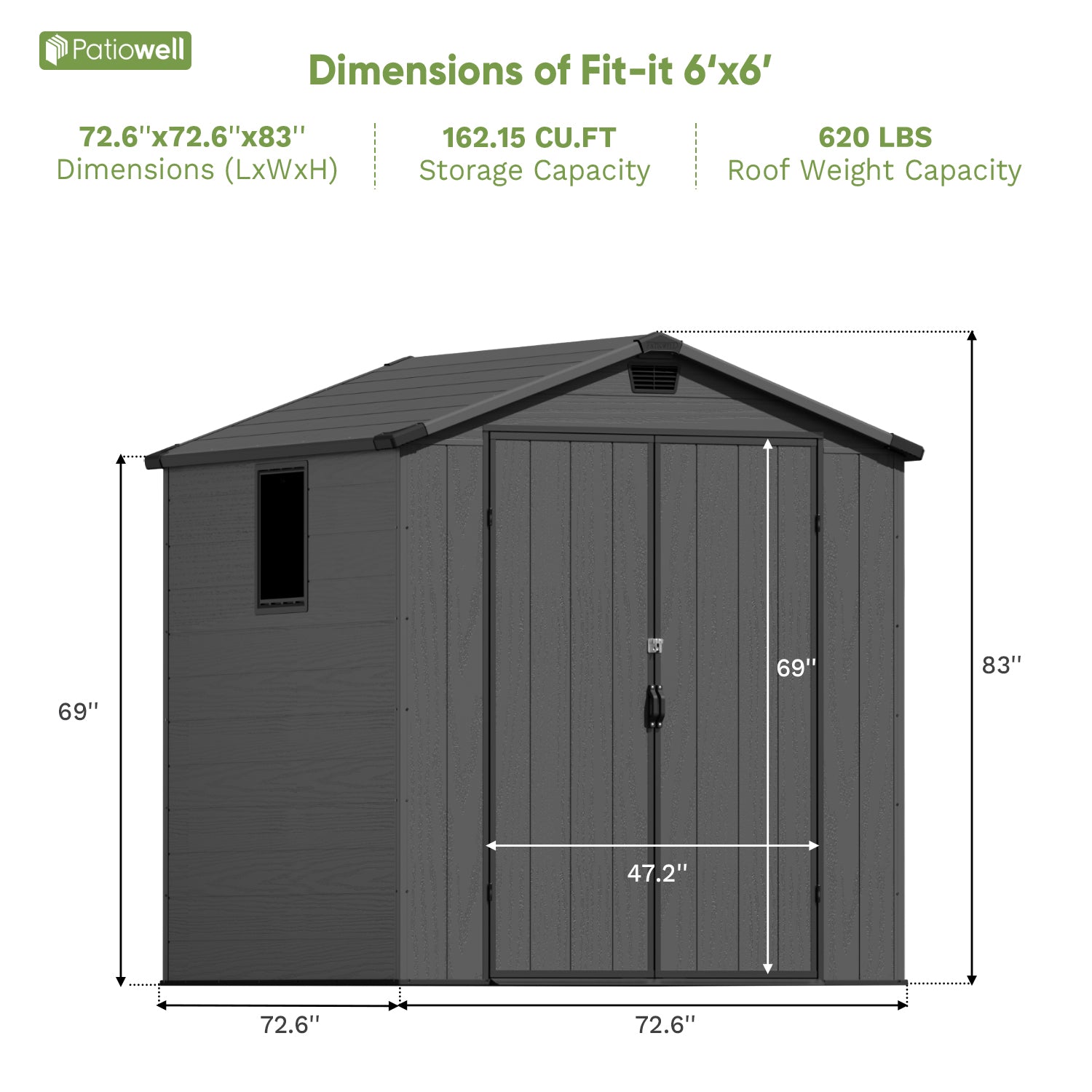 Patiowell 6x6 plastic shed dark gray