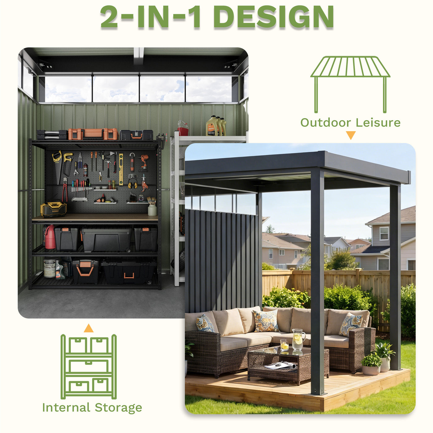 2-in-1 6x8 Metal Storage Shed with 7x8 Pergola for BBQ &amp; Party, Black ...