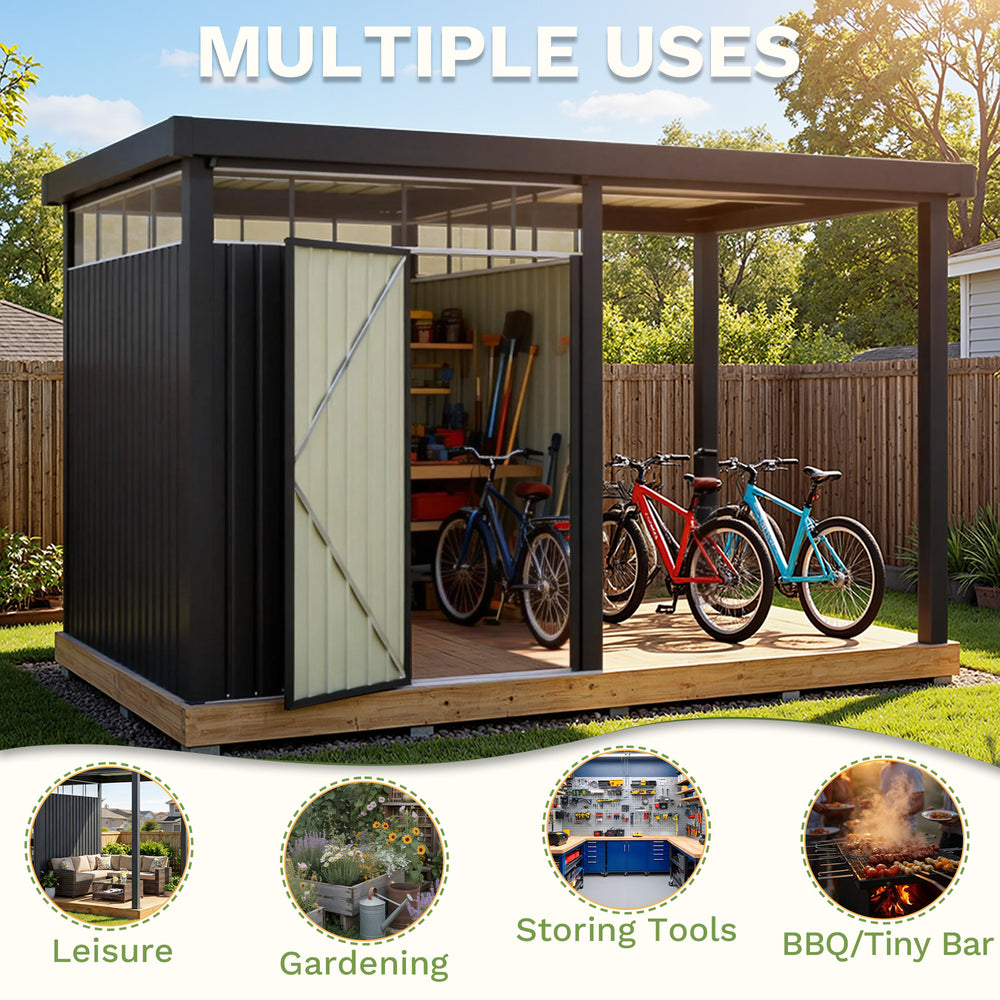 2-in-1 6x8 Metal Storage Shed with 7x8 Pergola for BBQ &amp; Party, Black ...