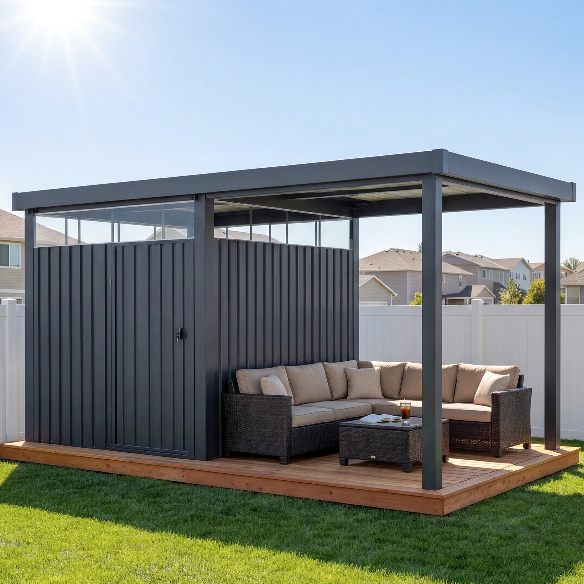 2-in-1 6x8 Metal Storage Shed with 7x8 Pergola for BBQ & Party