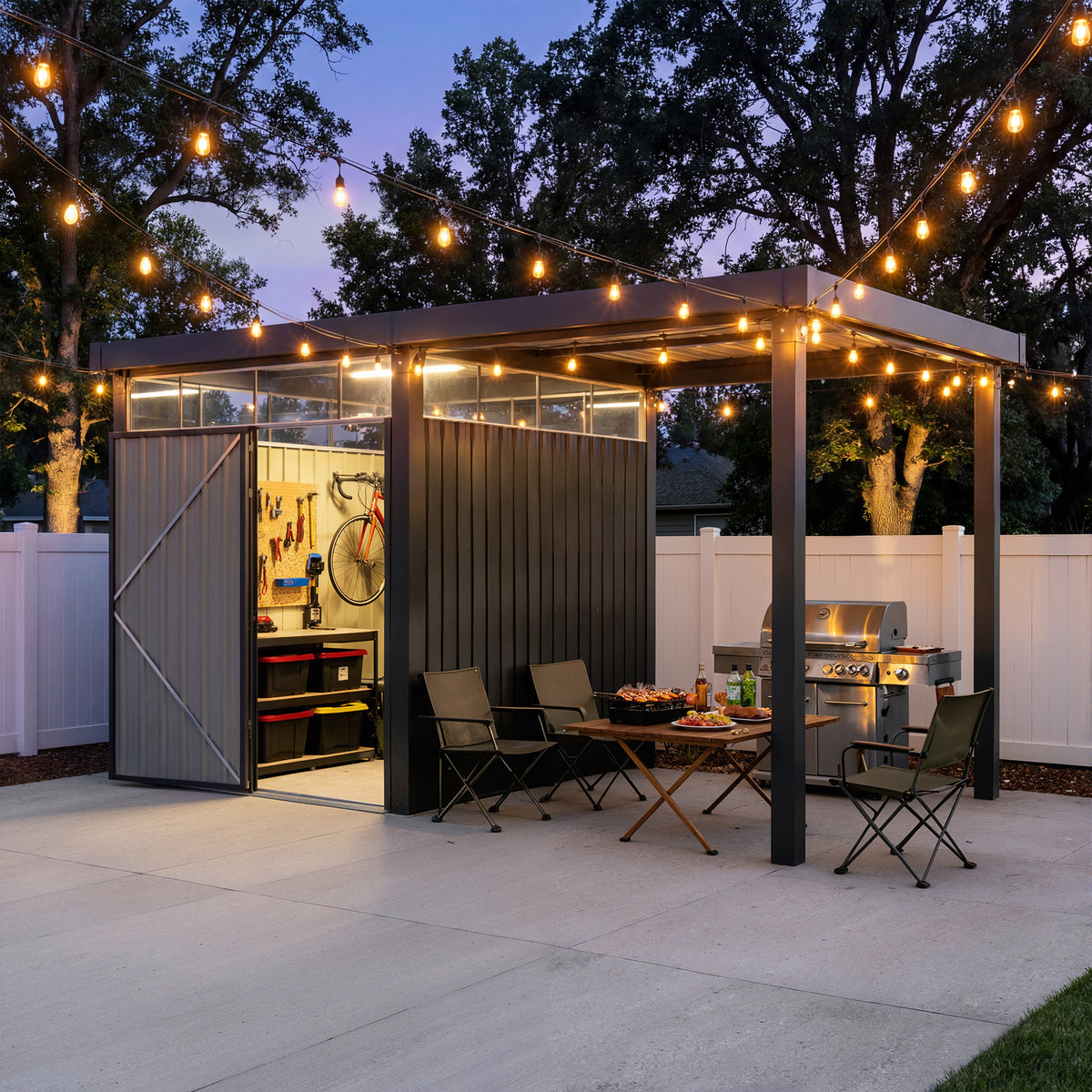 2-in-1 6x8 Metal Storage Shed with 7x8 Pergola for BBQ &amp; Party, Black ...