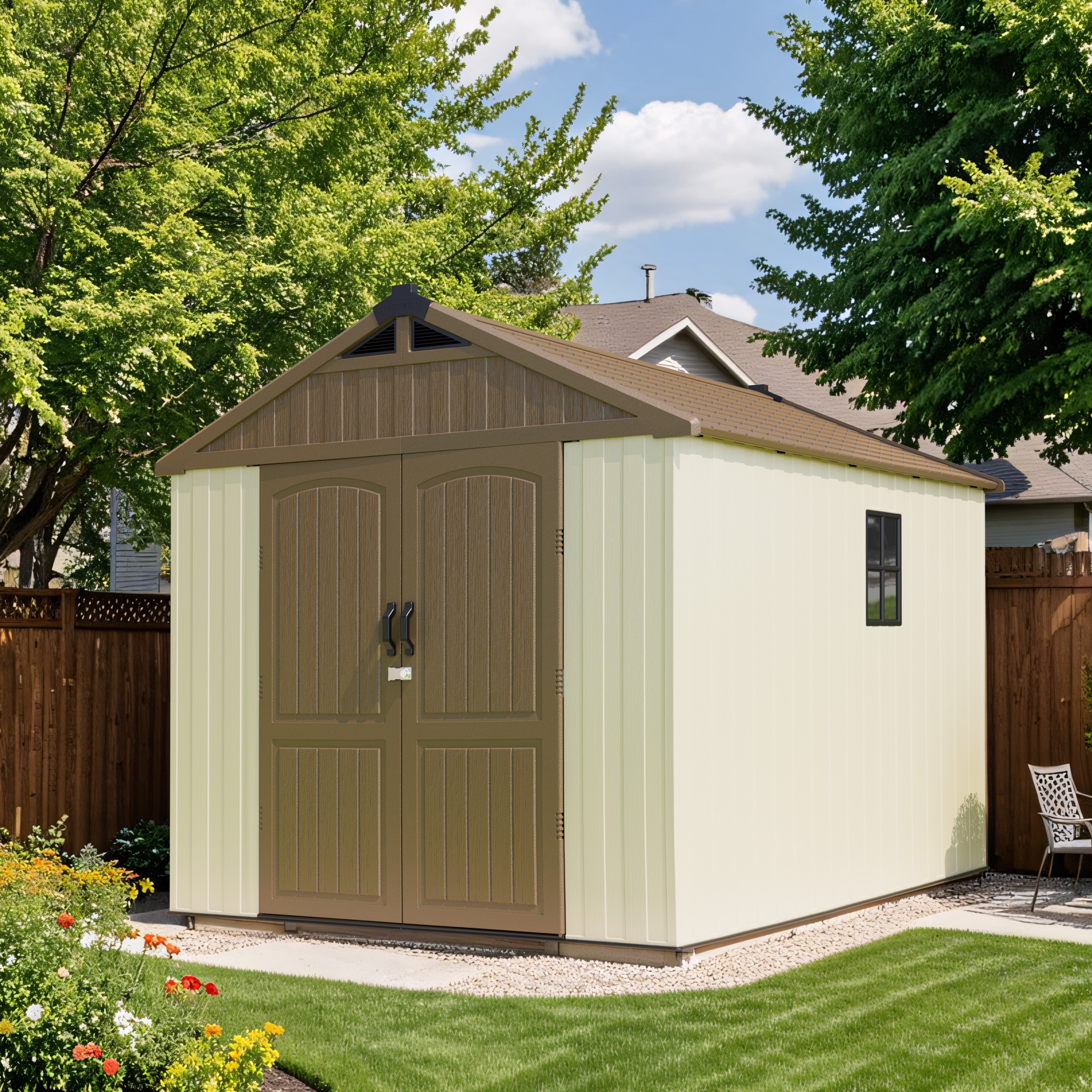 Storage shed with brown doors and beige walls in a backyard setting.
