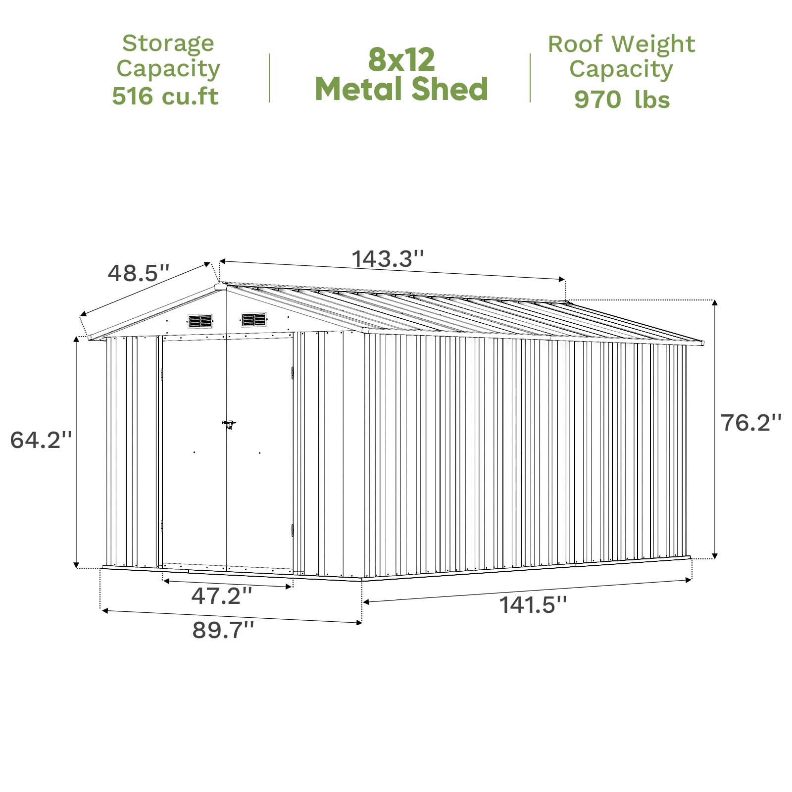 8x12 Metal Storage Shed (12x8 Shed), Gray | Patiowell