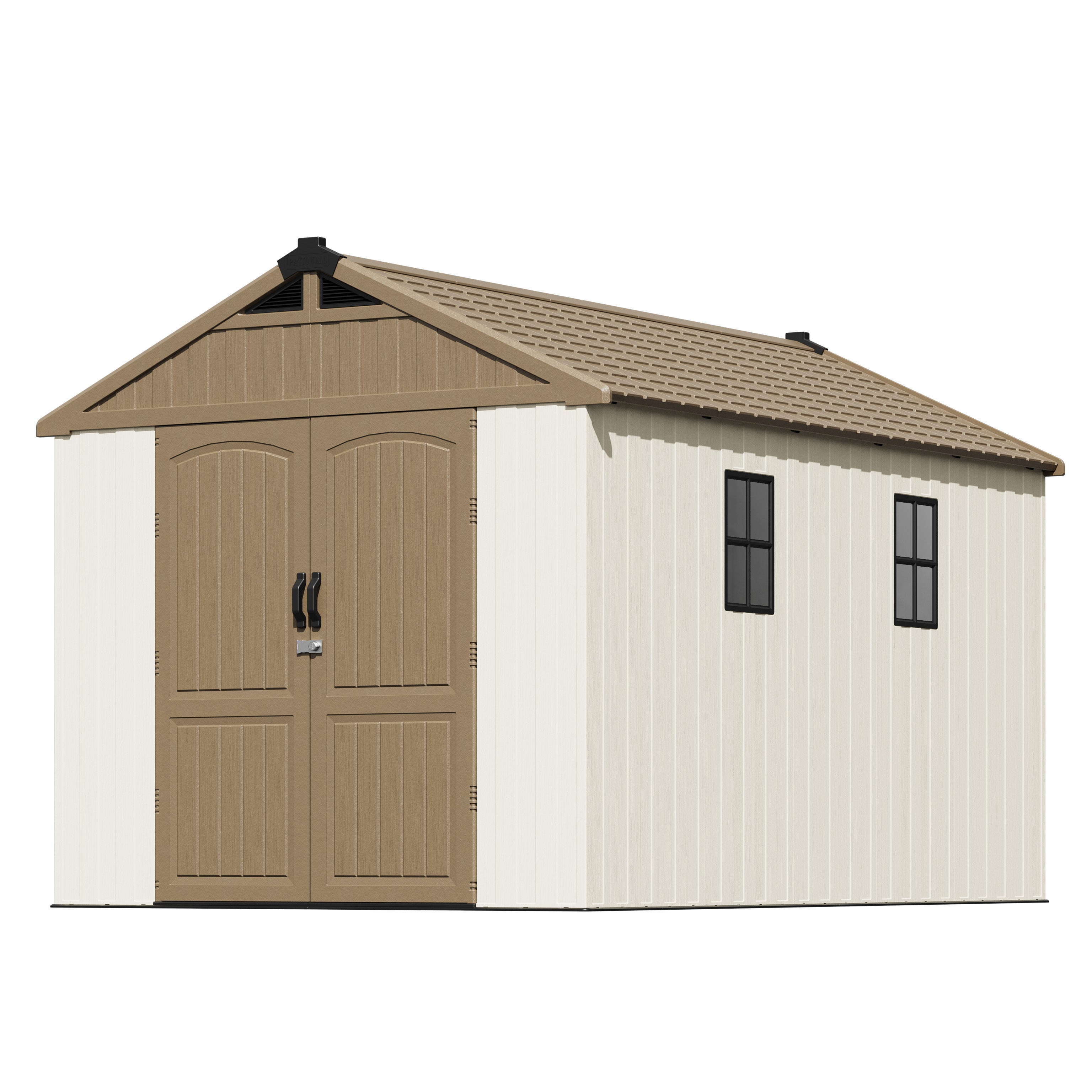 Storage shed with brown roof and white body on a white background