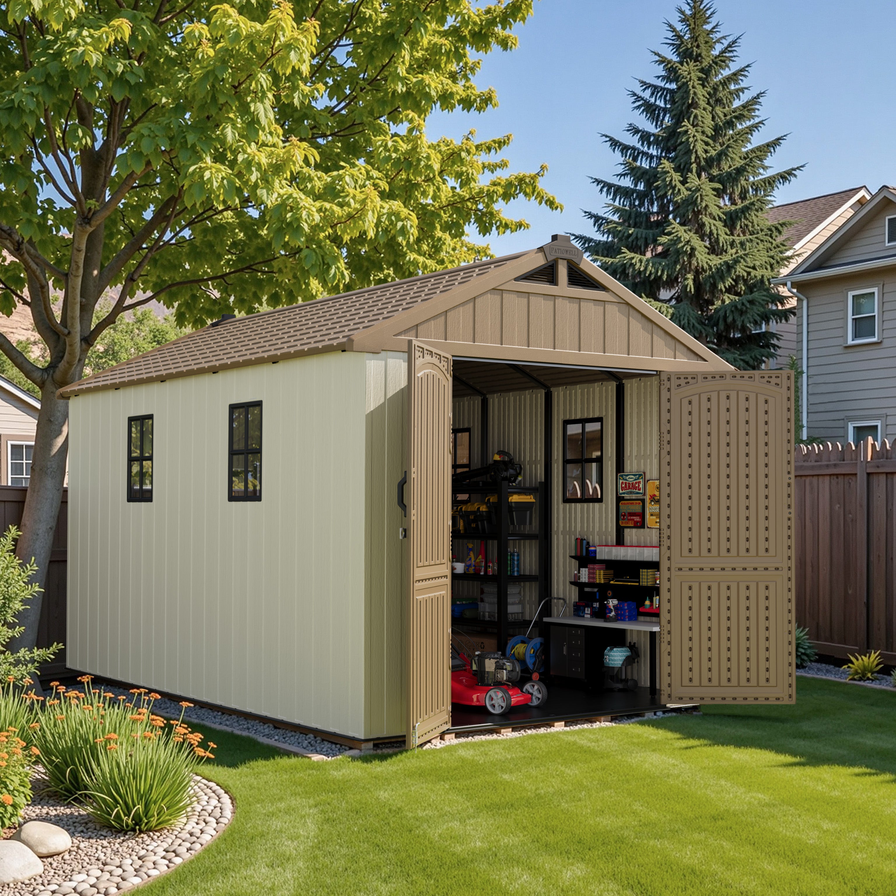 Beige storage shed with open doors in a backyard setting