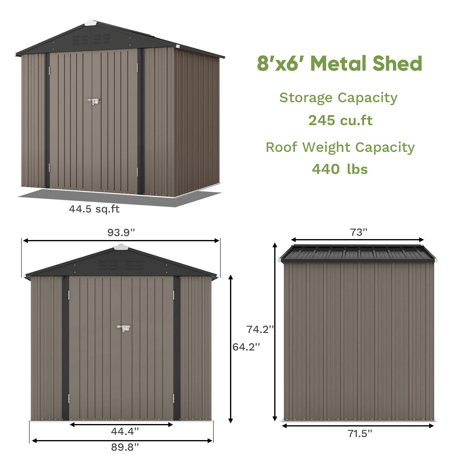 Patiowell 8'x6' metal shed with dimensions and capacity details on a white background