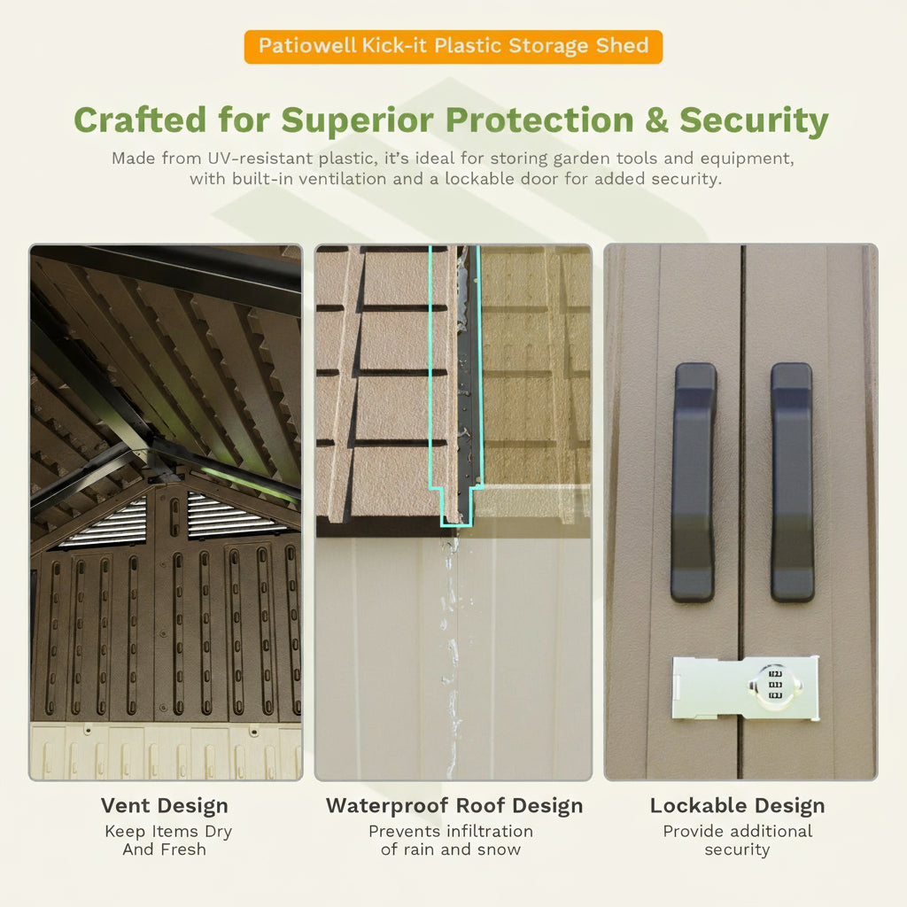 Patiowell Kick-it Plastic Storage Shed with features highlighted on a white background
color:brown & beige