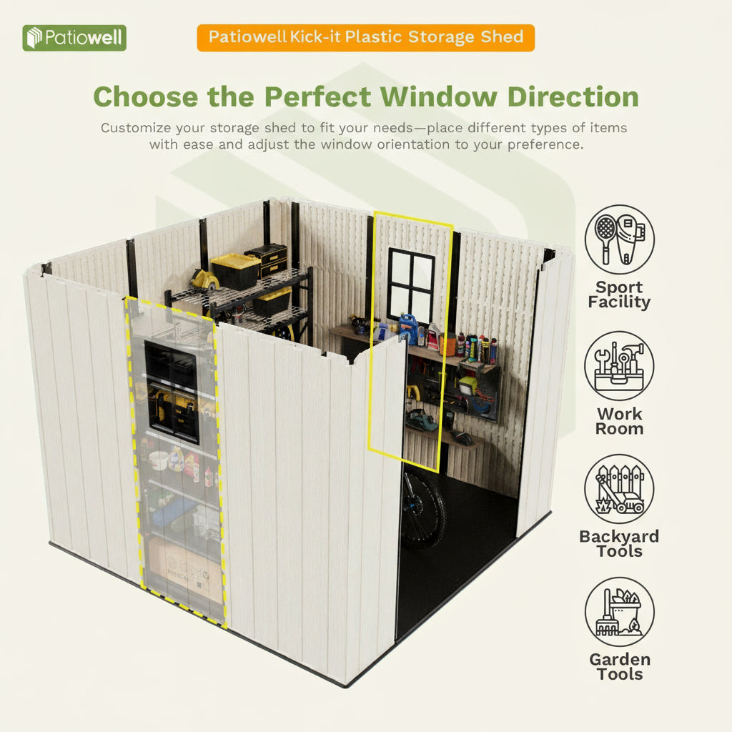 Patiowell kick-it Plastic Storage Shed with customizable window direction options on a white background.
color:brown & beige