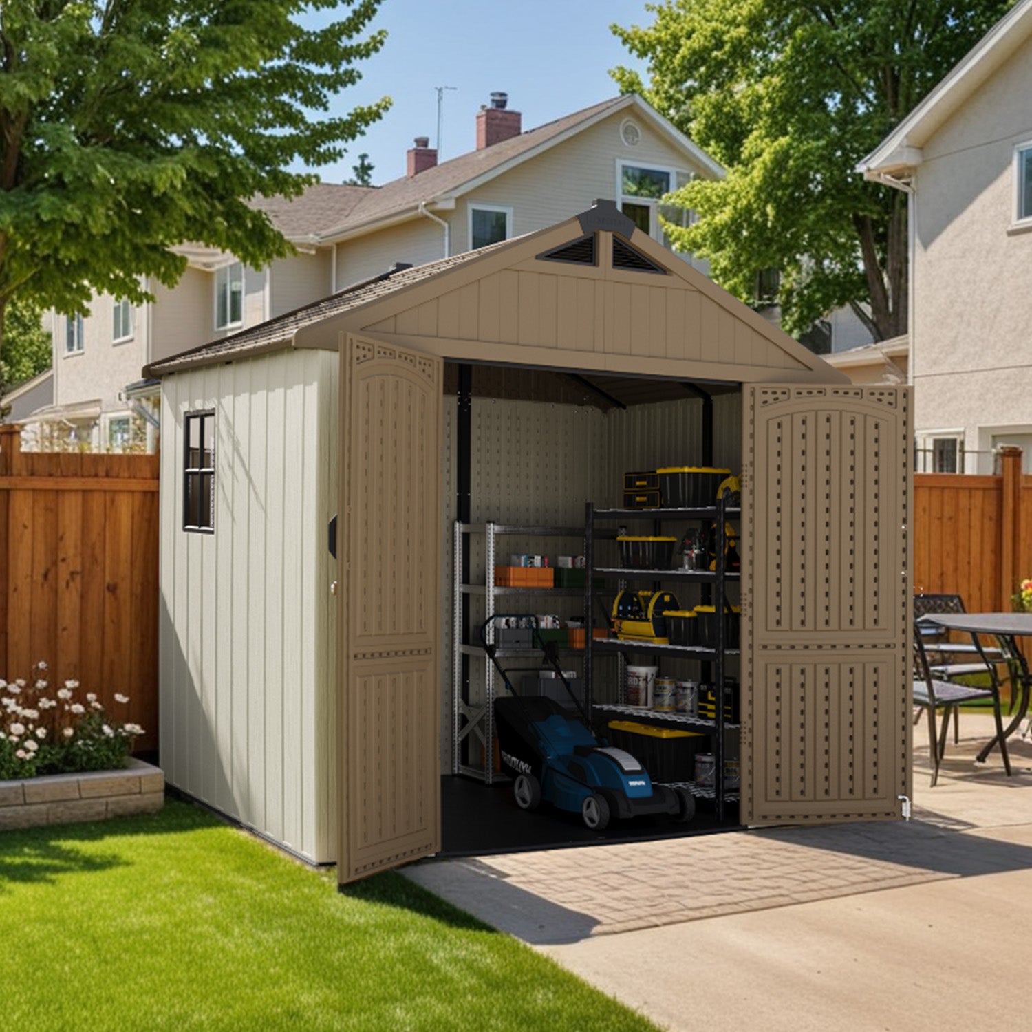 Beige storage shed with open doors showing tools and a lawn mower on a sunny day.
color:brown & beige