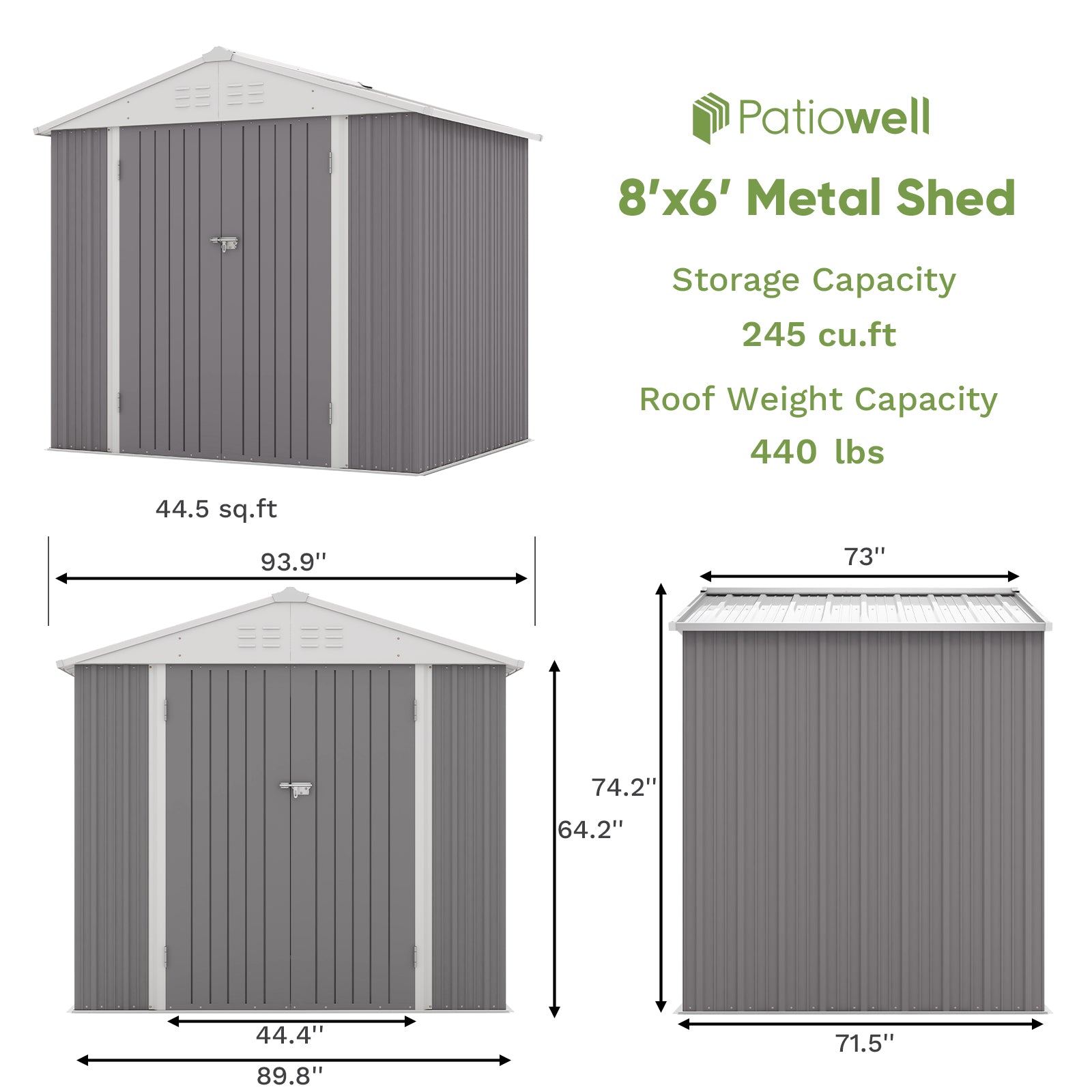 Patiowell 8x6 metal shed gray