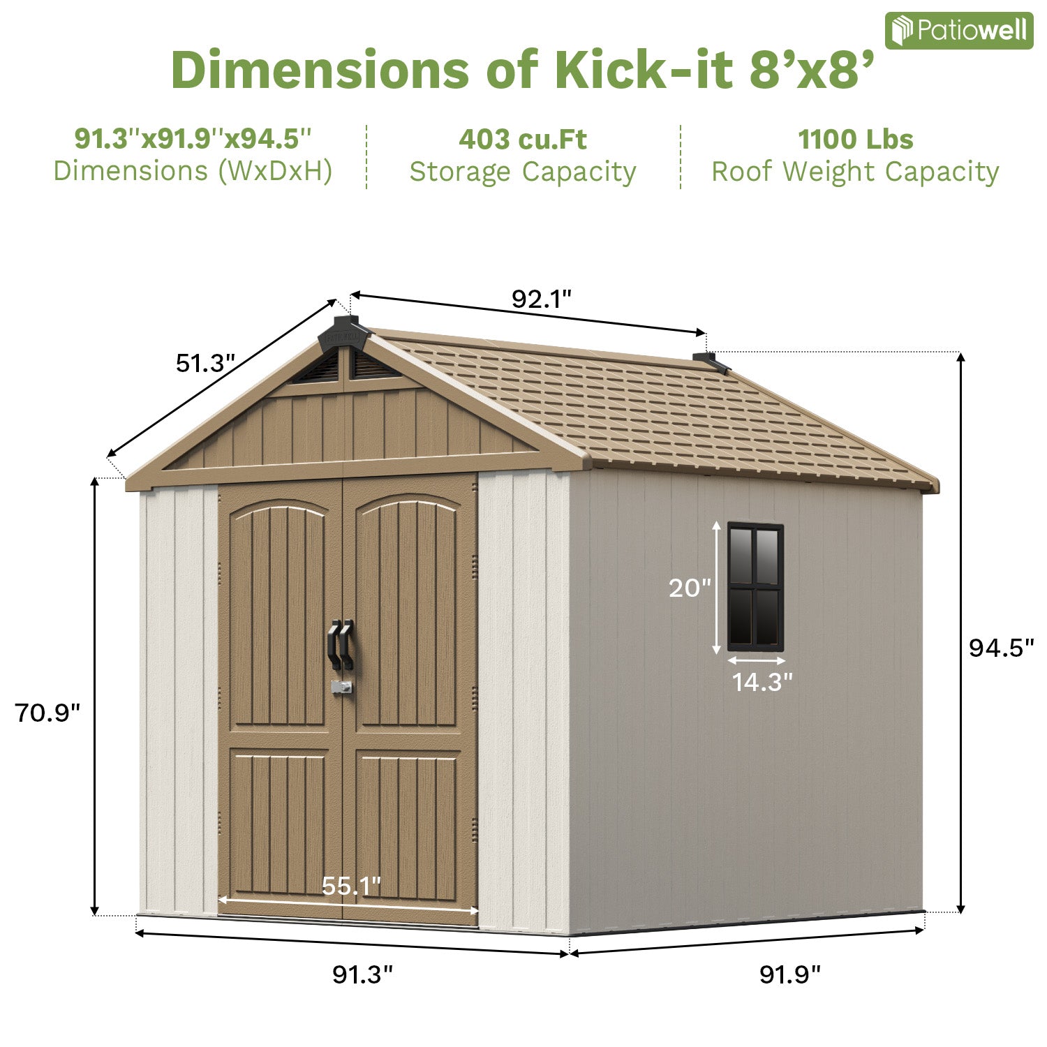 Dimensions of a 8x8 storage shed with Patiowall branding