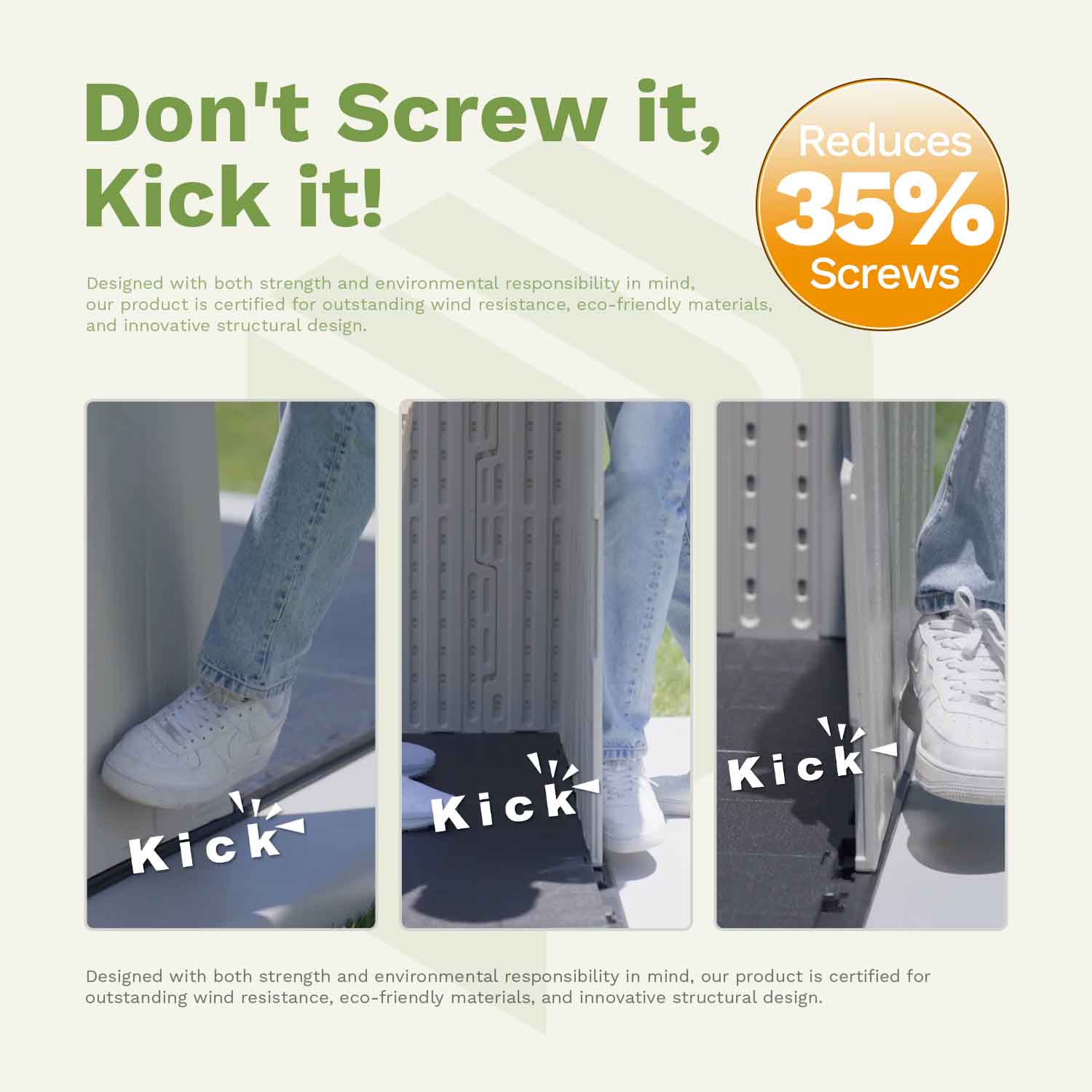 Product advertisement with text 'Don't Screw it, Kick it!' and images of a person kicking a door.