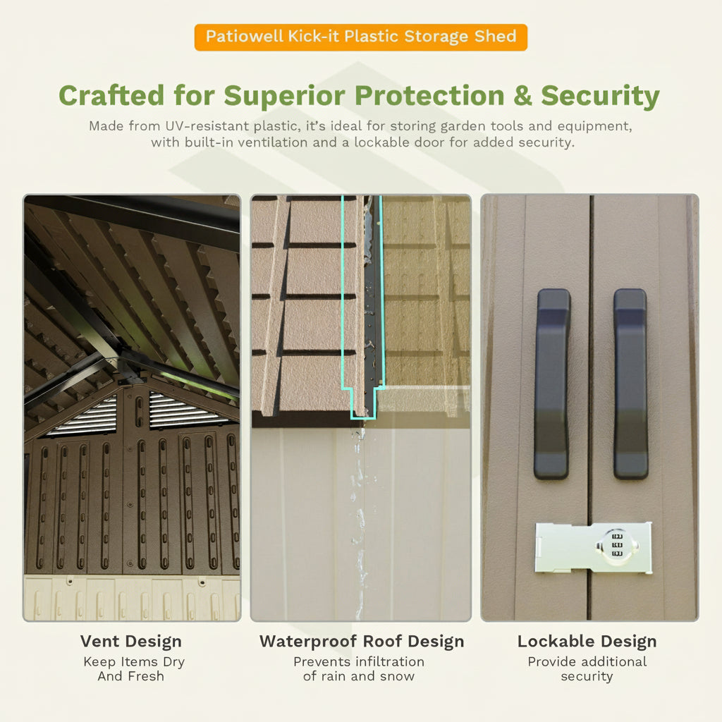 Patiowell Kick-it Plastic Storage Shed with features highlighted on a white background