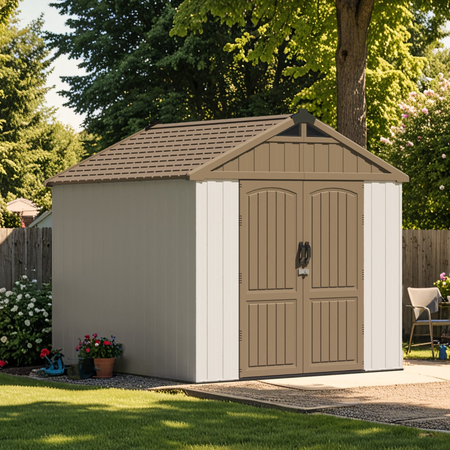Storage shed with beige doors and white sides in a garden setting