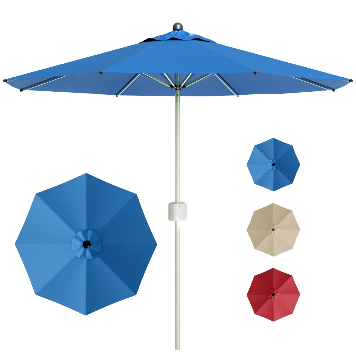 Blue patio umbrella with additional color options on a white background