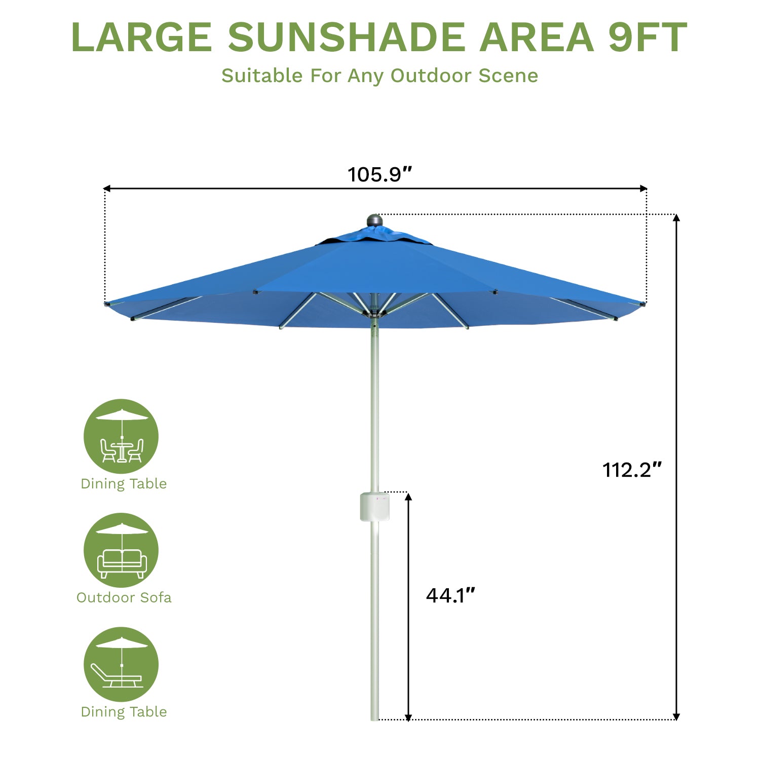 Blue patio umbrella with dimensions and usage suggestions on a white background