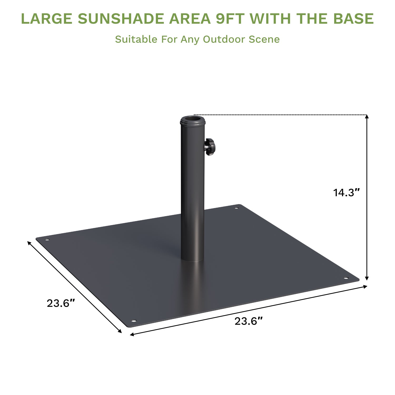 Measurement chart of a large sunshade area with base dimensions on a white background