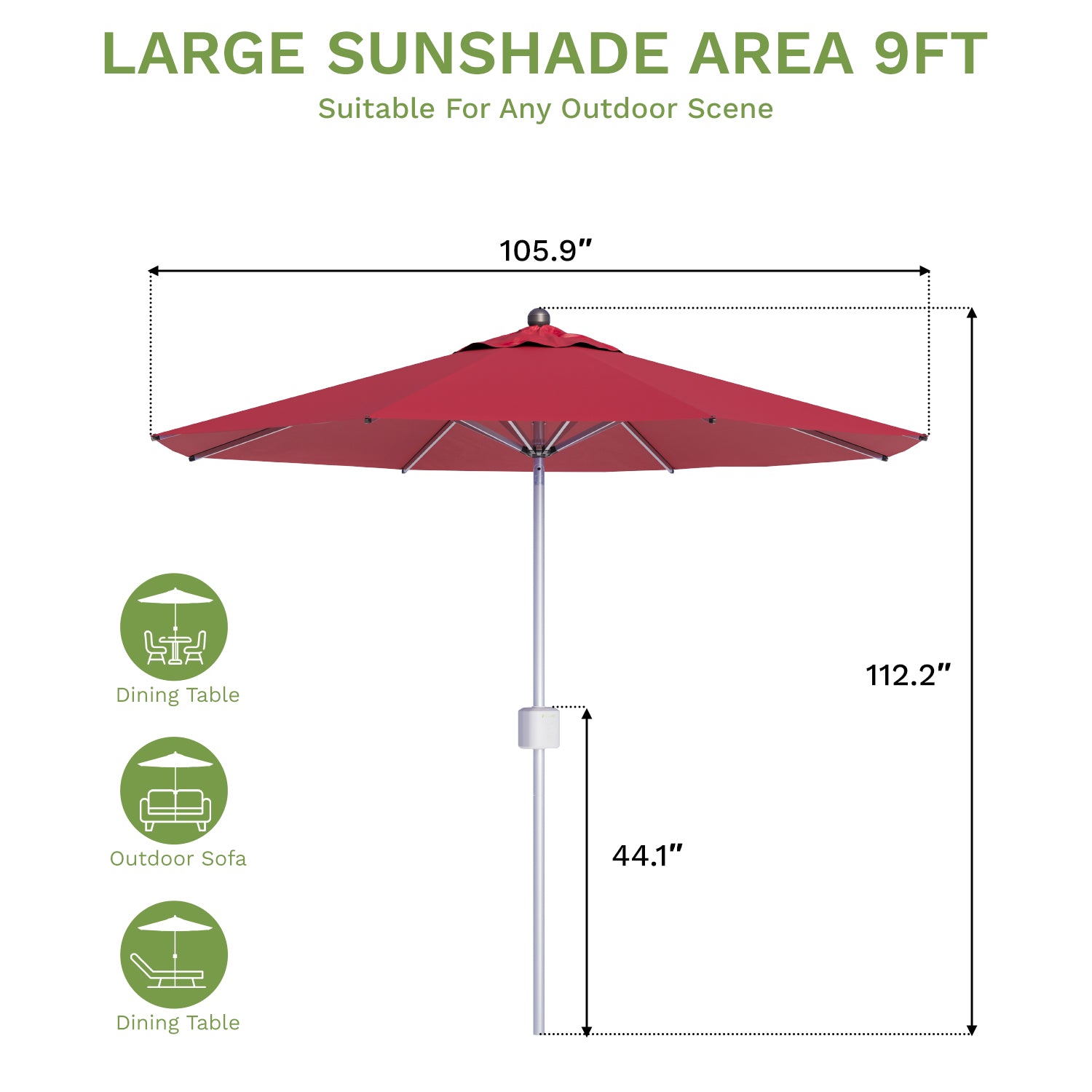 Red patio umbrella with dimensions and uses indicated on a white background