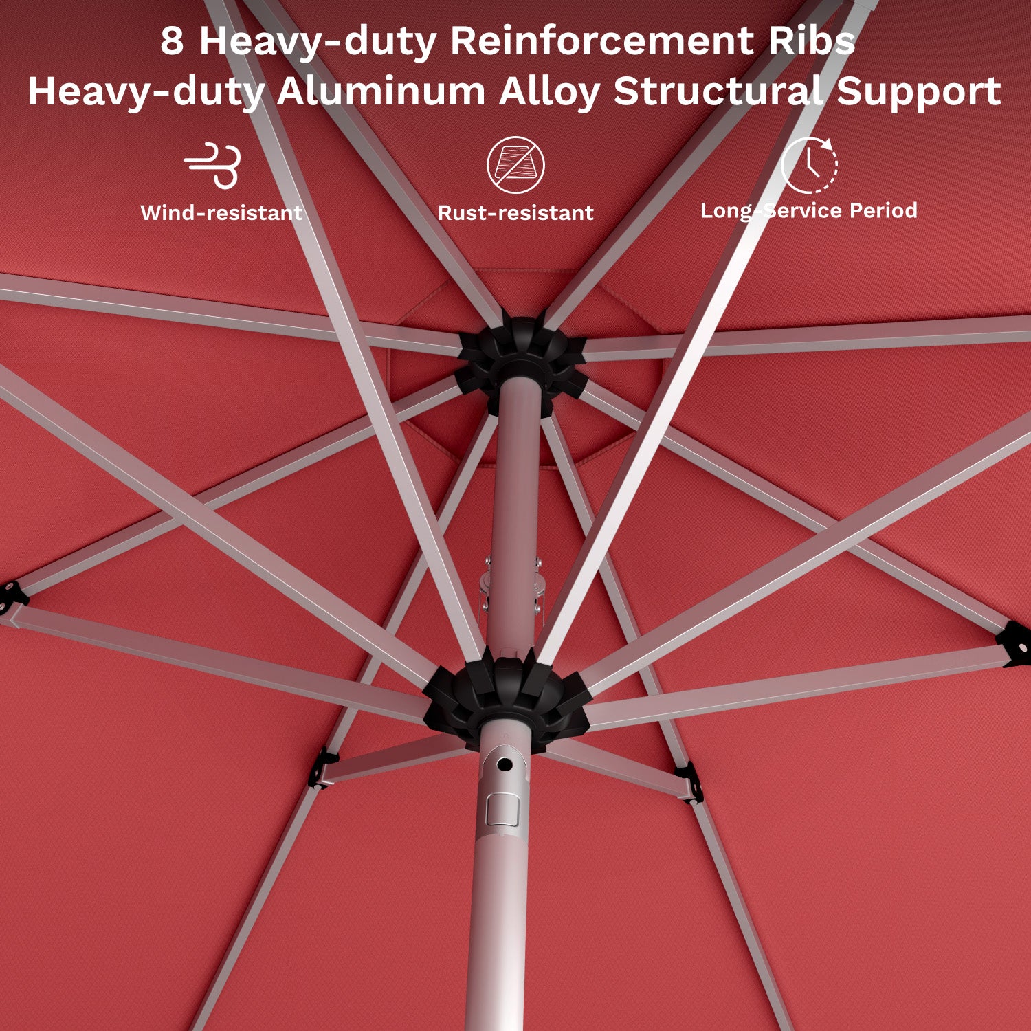 Red umbrella with visible reinforcement ribs and structural support details.