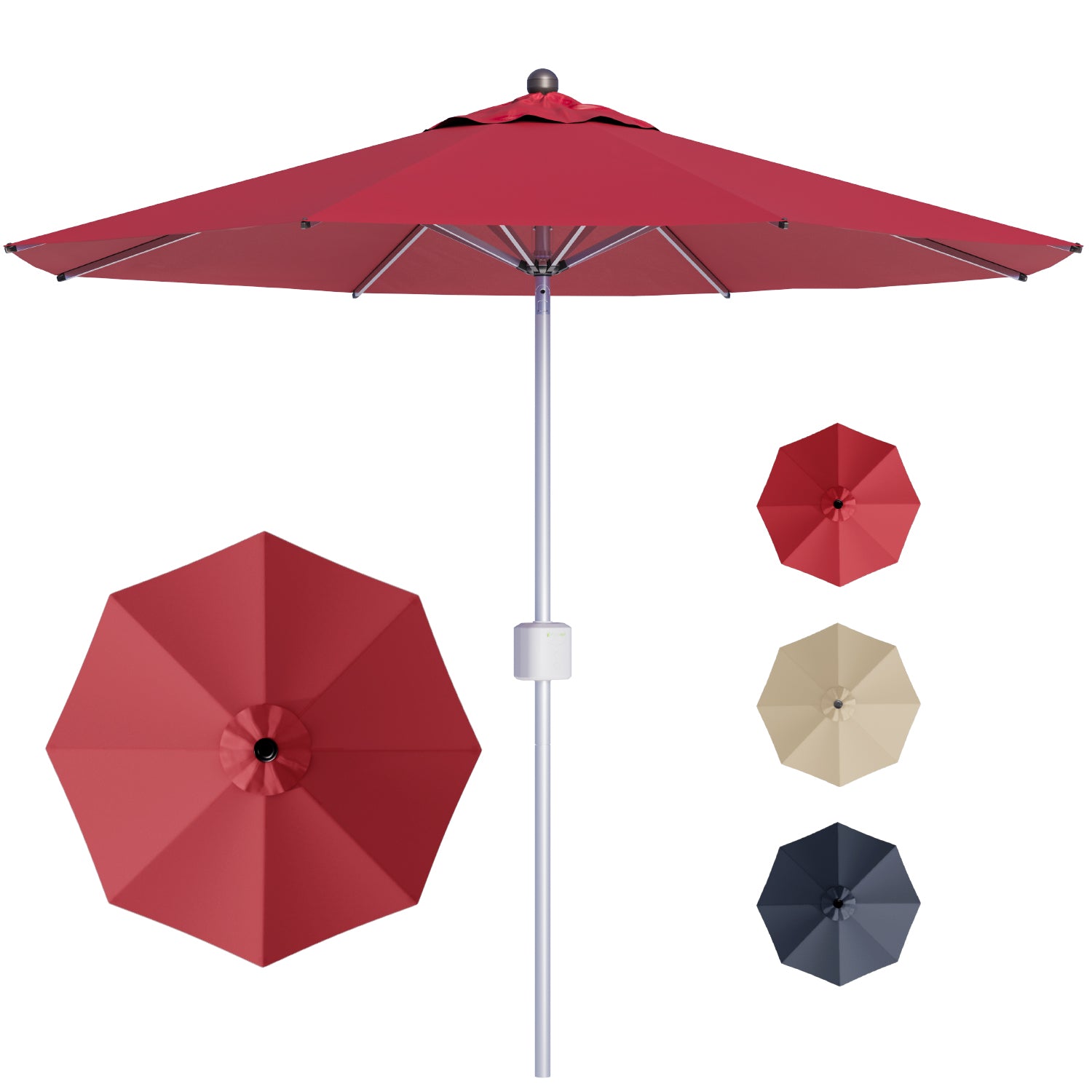 Red patio umbrella with additional color options on a white background
