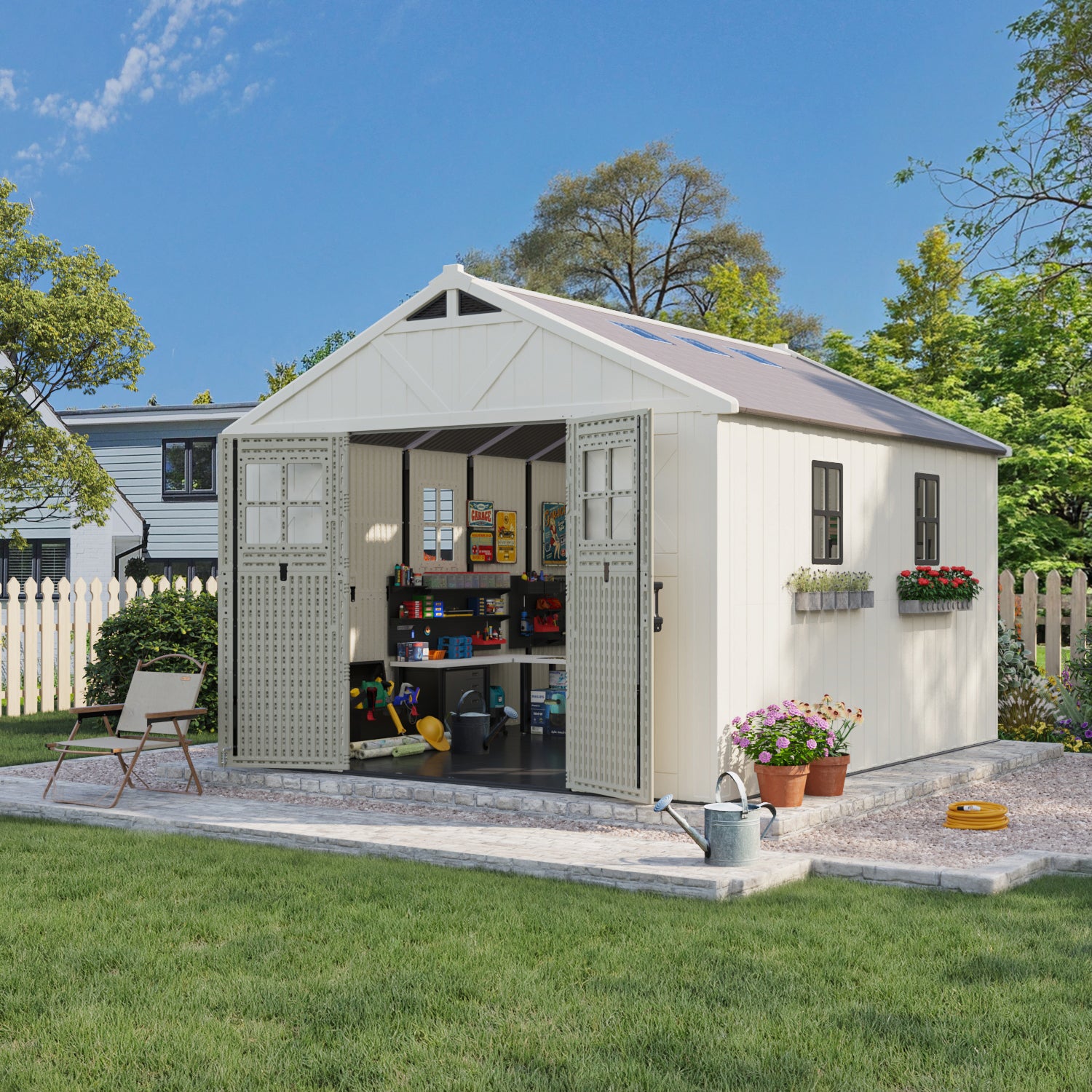 White garden shed with open doors, showing storage items, in a backyard setting with greenery.