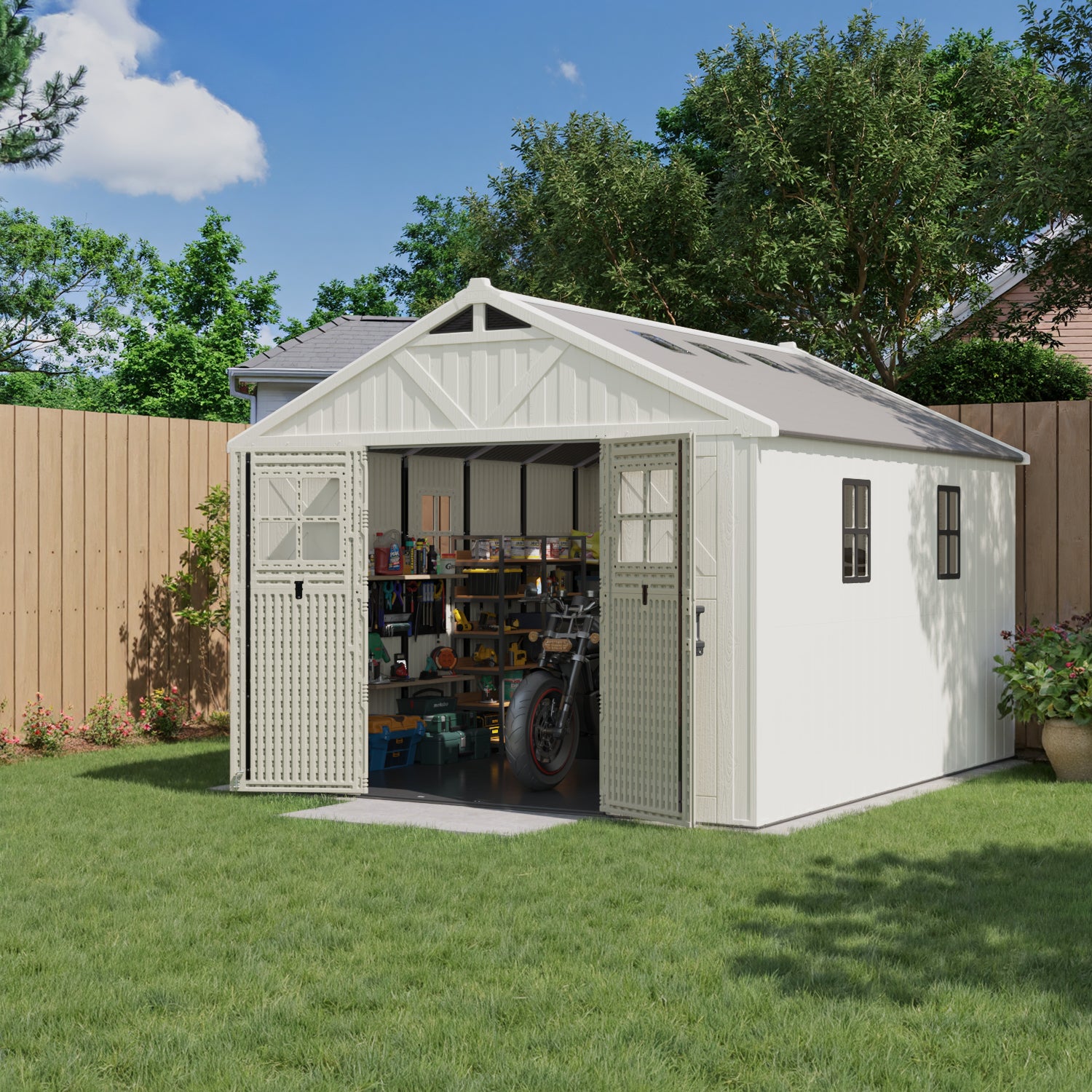 White storage shed with open doors in a backyard setting