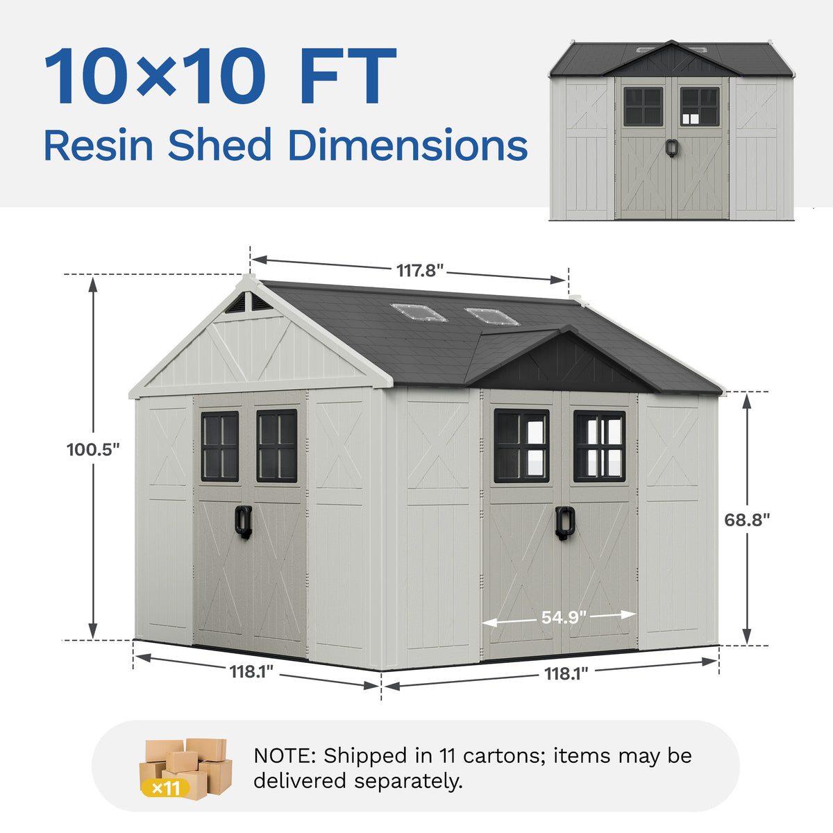 Patiowell 10x10ft Triple-Door Access Plastic Storage Shed with 3 Doors & Windows, Beige