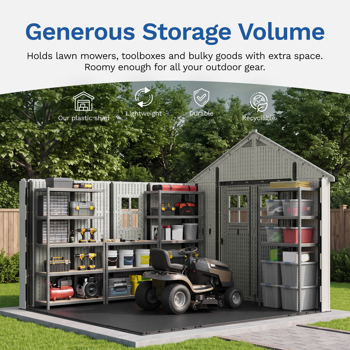 Patiowell 10x10ft Triple-Door Access Plastic Storage Shed with 3 Doors & Windows, Beige