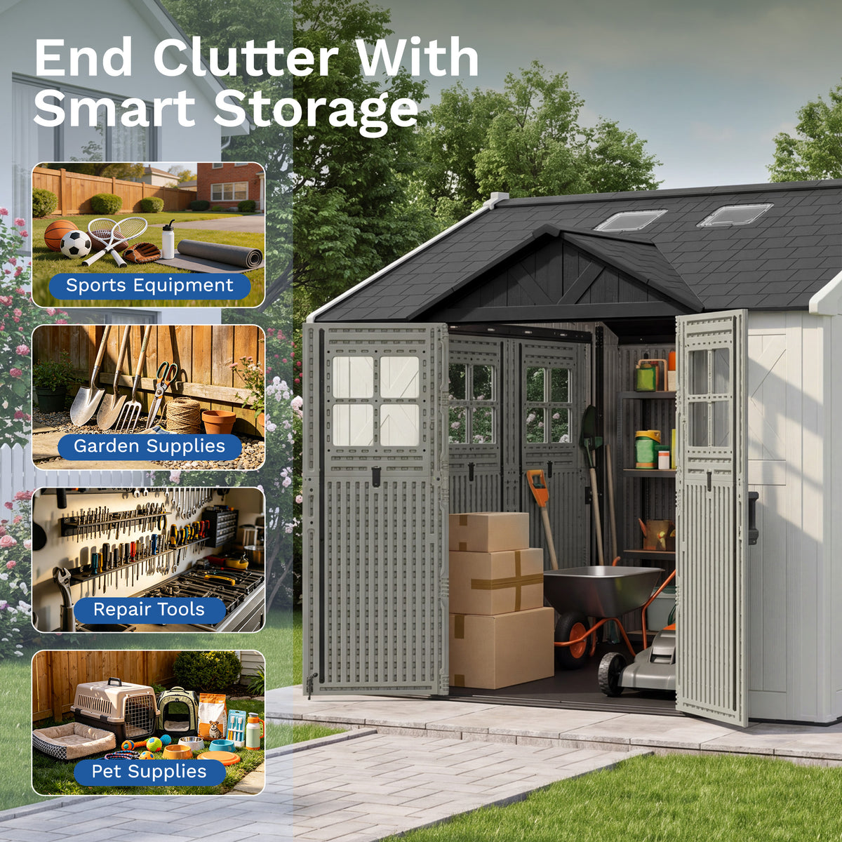 Patiowell 10x10ft Triple-Door Access Plastic Storage Shed with 3 Doors & Windows, Beige