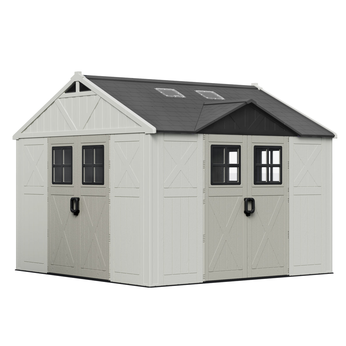 Patiowell 10x10ft Triple-Door Access Plastic Storage Shed with 3 Doors & Windows, Beige