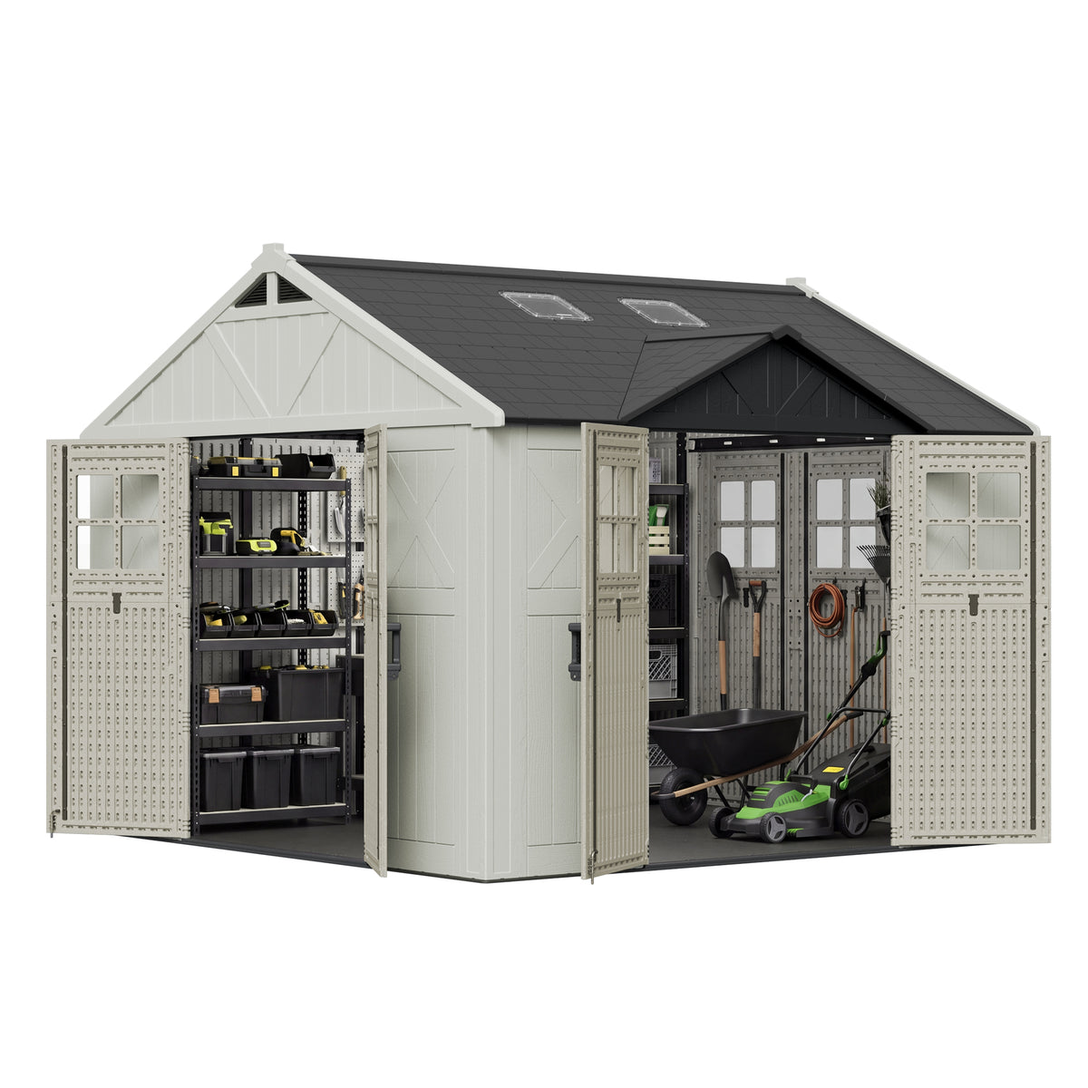 Patiowell 10x10ft Triple-Door Access Plastic Storage Shed with 3 Doors & Windows, Beige
