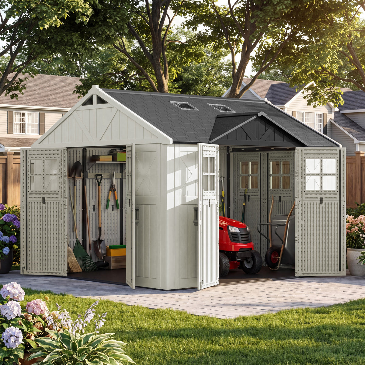 Patiowell 10x10ft Triple-Door Access Plastic Storage Shed with 3 Doors & Windows, Beige