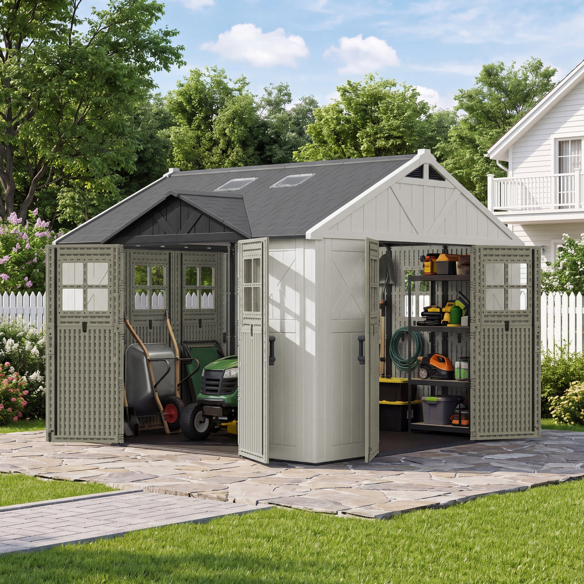 Patiowell 10x10ft Triple-Door Access Plastic Storage Shed with 3 Doors & Windows, Beige