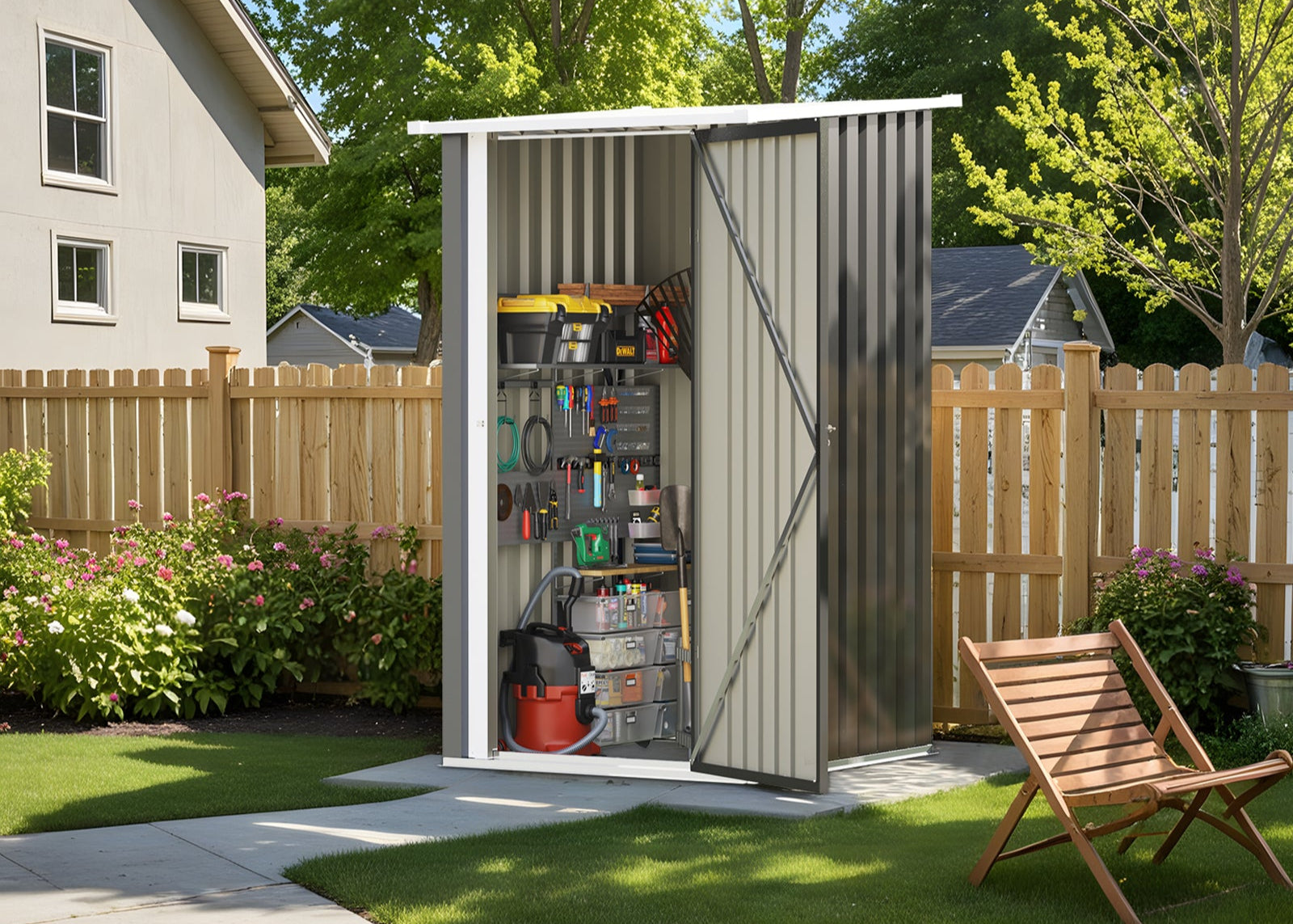 3x3 metal storage shed with tools in a backyard setting