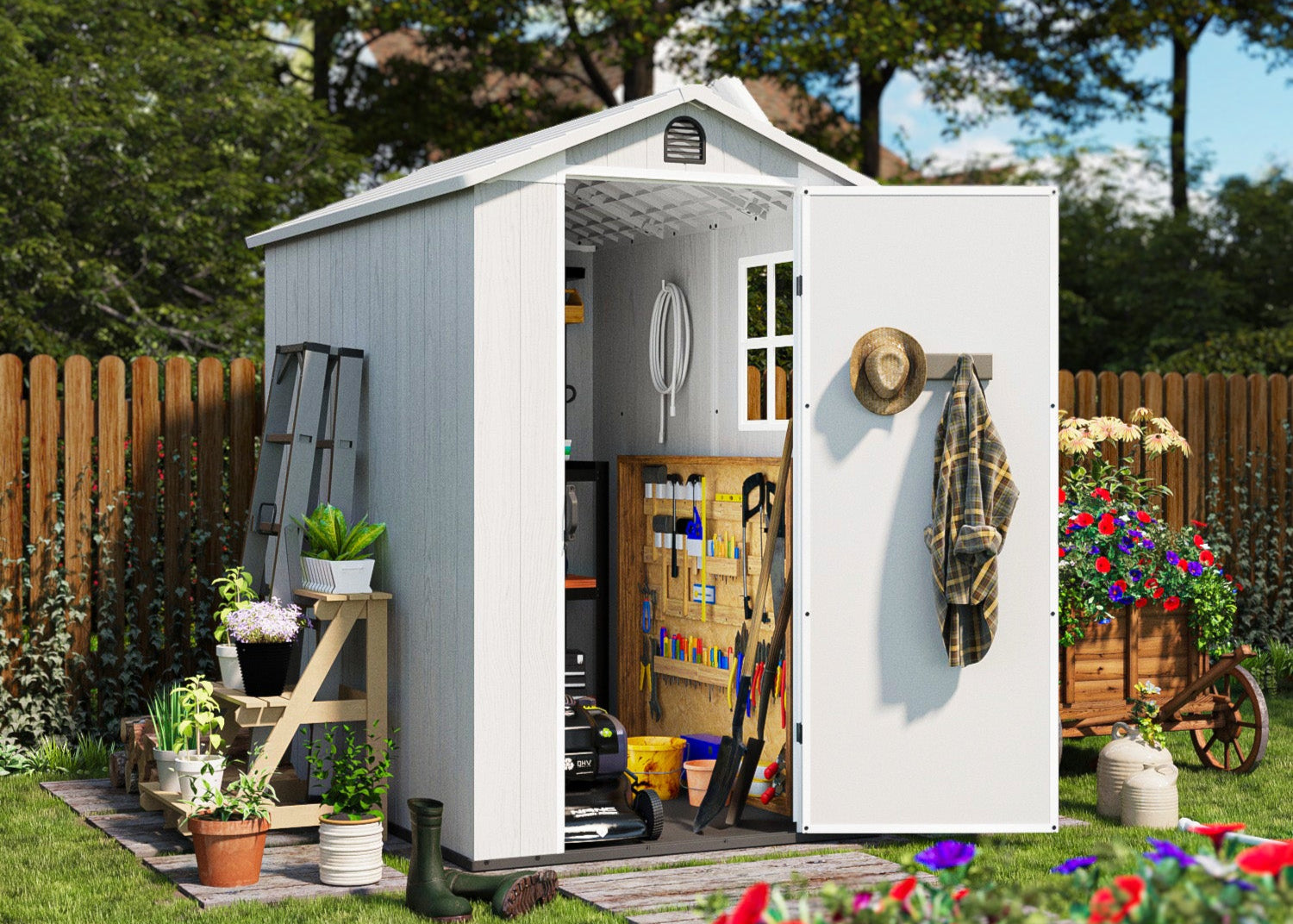 4x6 white garden shed with open door, tools, and plants in a backyard setting.