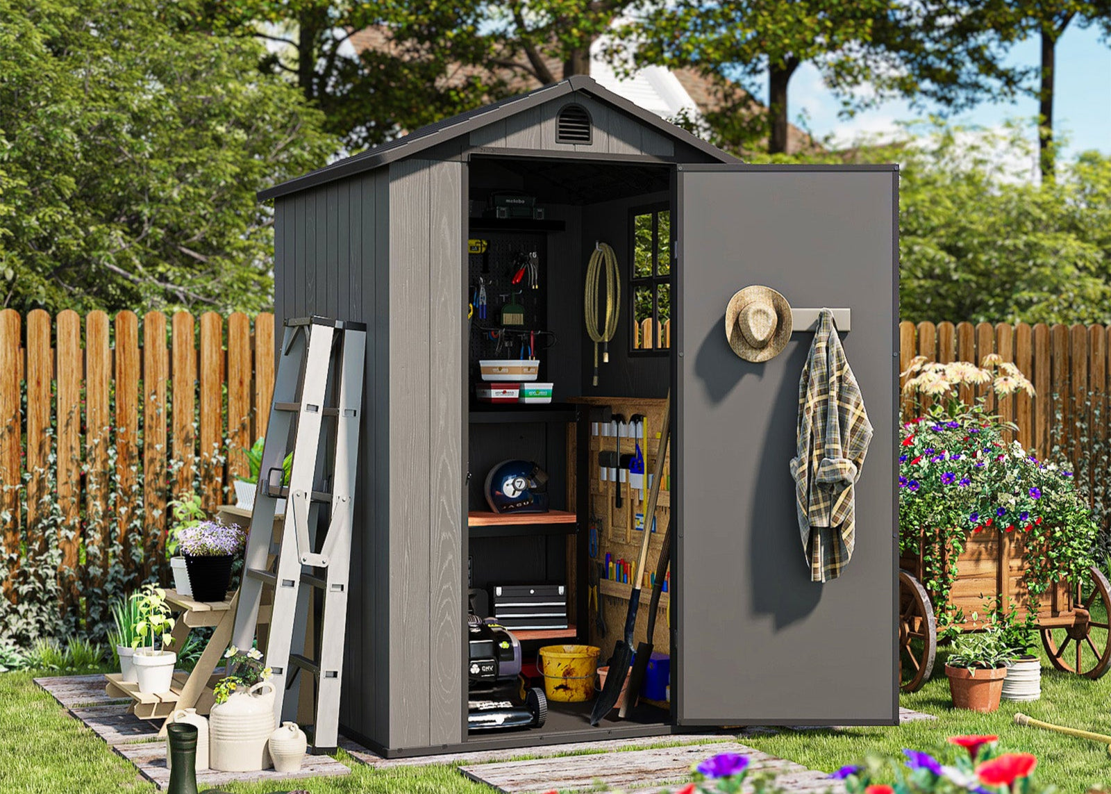 4x4 gray metal storage shed with tools and items in a garden setting